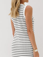 Ava Knitted Stripe Button Dress | White/Navy