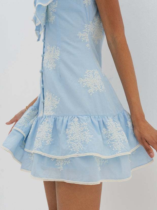 Loren Embroidered Frill Day Dress | Pastel Blue