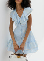 Loren Embroidered Frill Day Dress | Pastel Blue