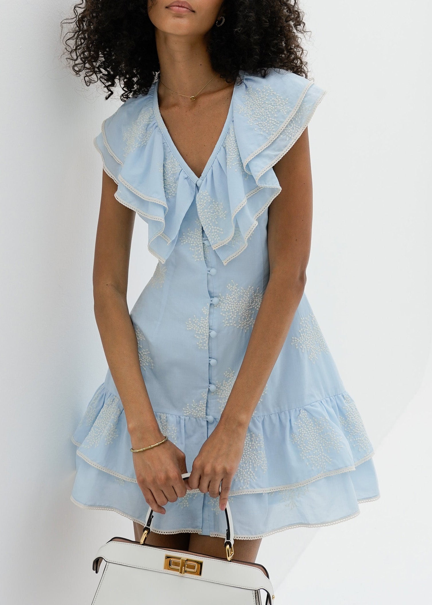 Loren Embroidered Frill Day Dress | Pastel Blue