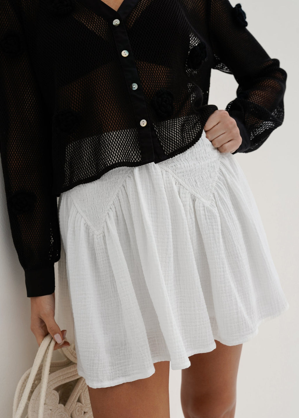 Naomi Cotton Skort With Smocking | White