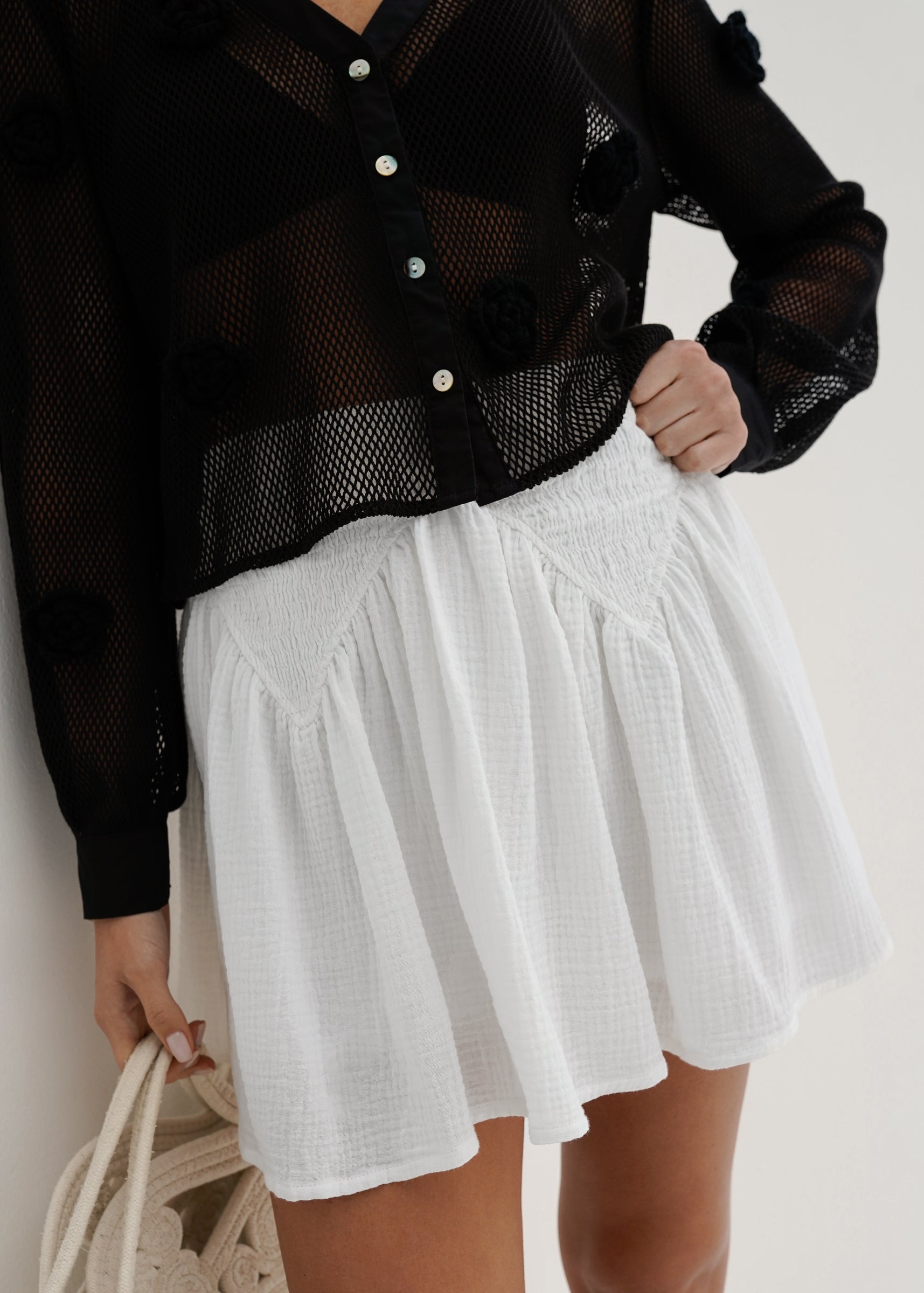 Naomi Cotton Skort With Smocking | White