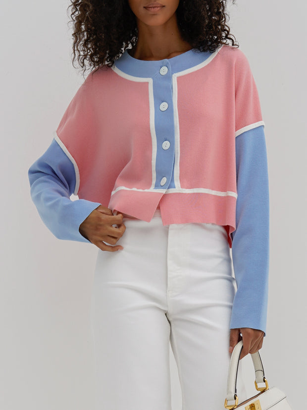 Ellison Contrast Panel Fine Knit Cardigan | Pink/Blue