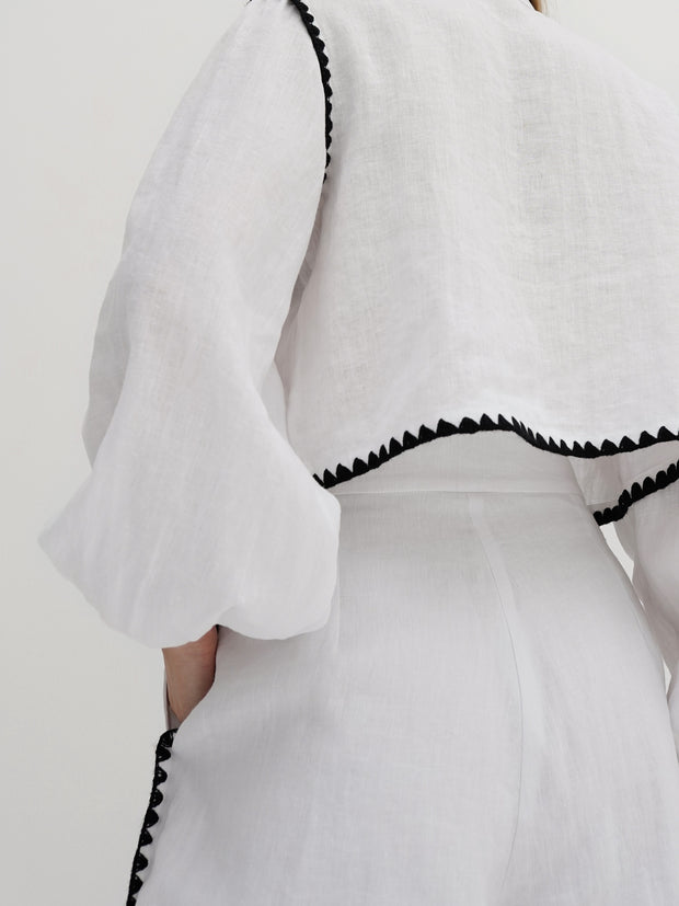Tammy Contrast Stitch Linen Shirt | White/Black
