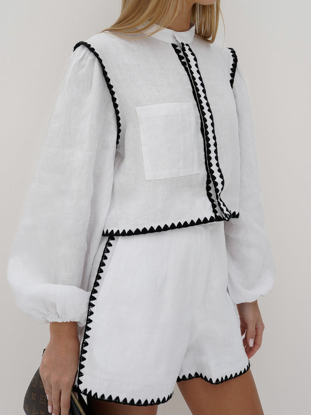 Tammy Contrast Stitch Linen Shorts | White/Black