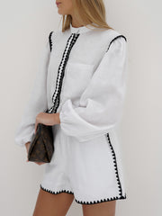 Tammy Contrast Stitch Linen Shirt | White/Black