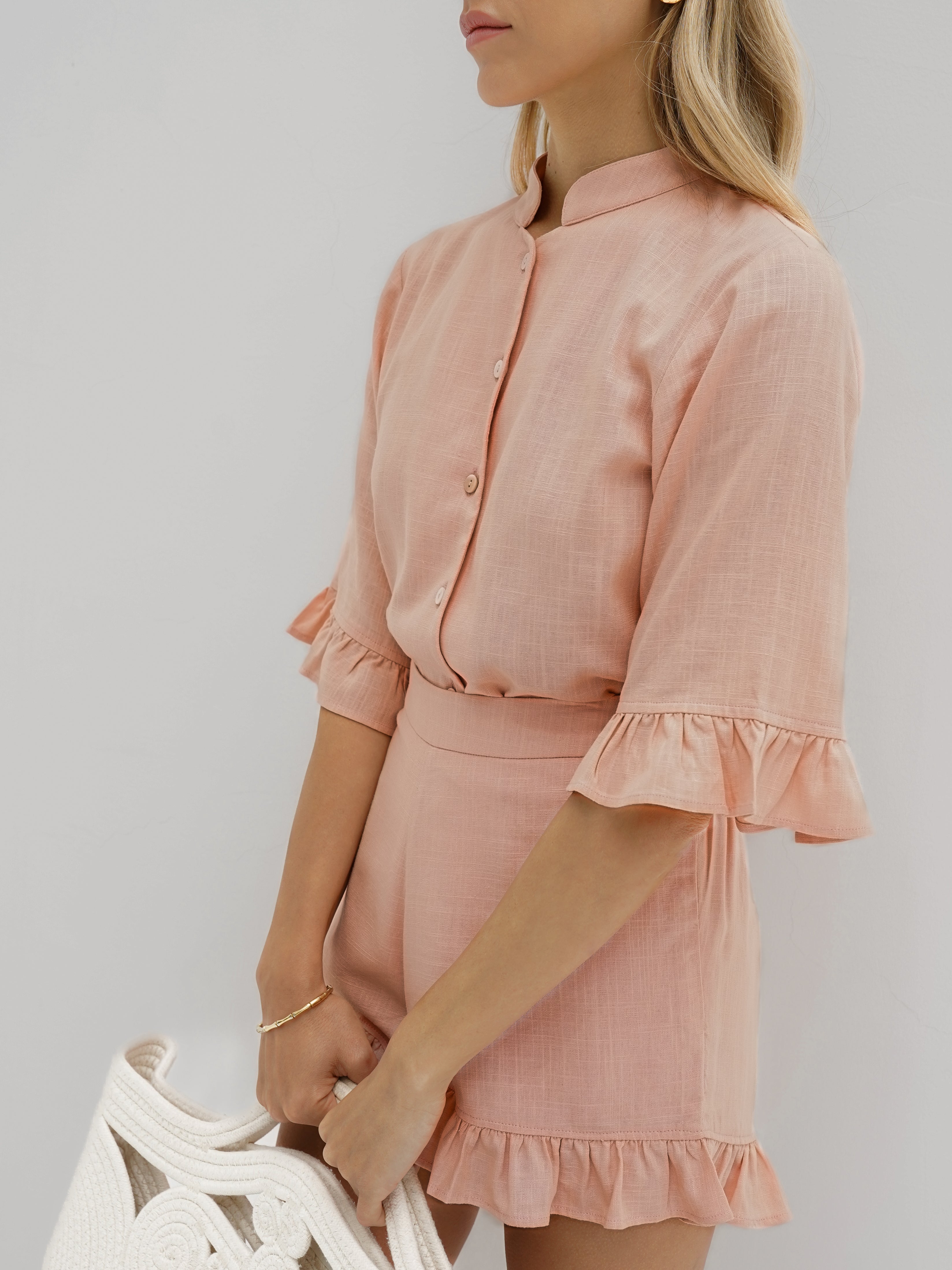 Riviera Chambray Frill Sleeve Shirt | Apricot Blush