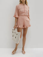 Riviera Chambray Frill Sleeve Shirt | Apricot Blush