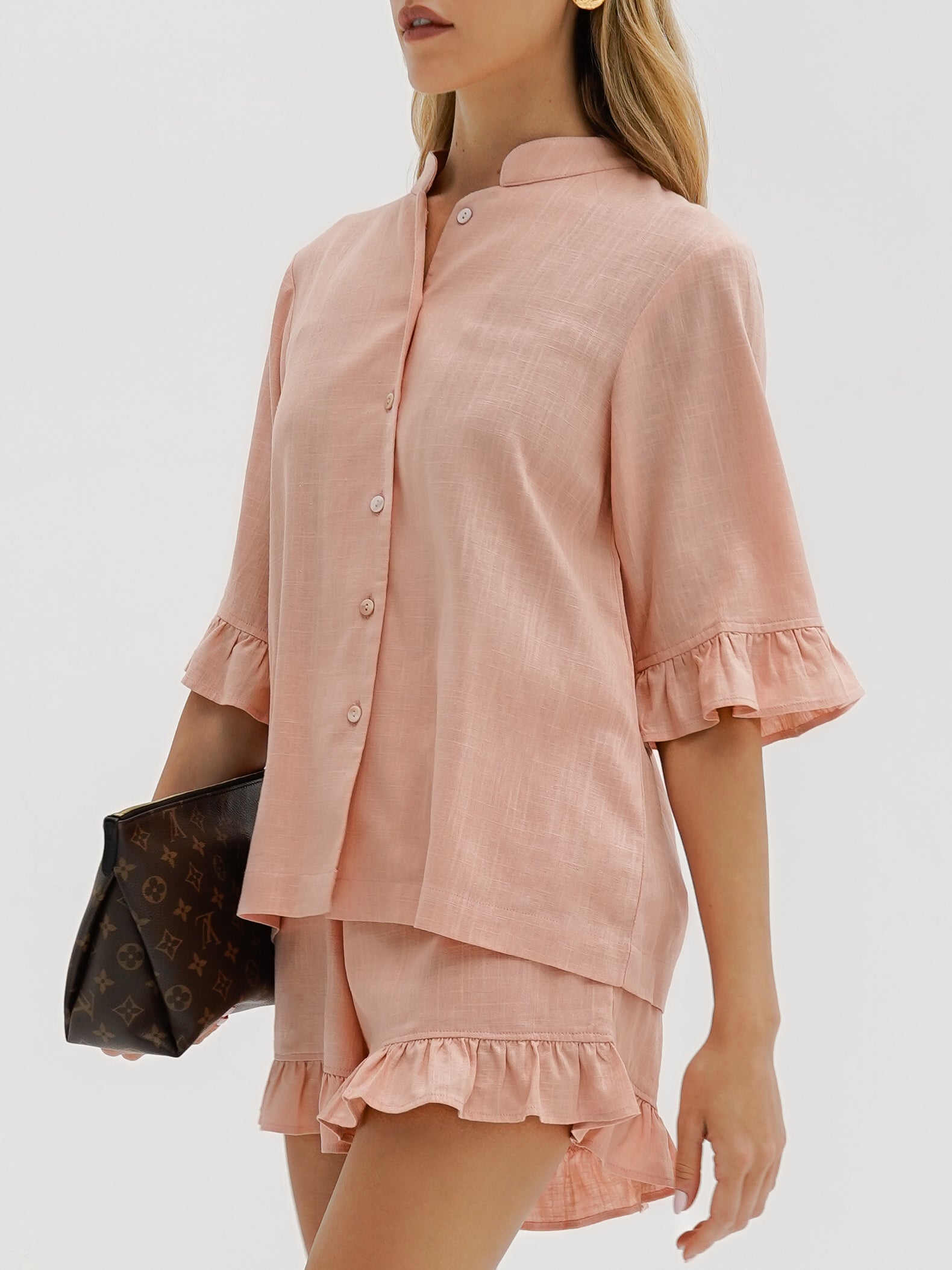 Riviera Chambray Frill Sleeve Shirt | Apricot Blush
