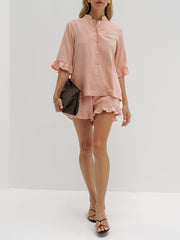 Riviera Chambray Frill Sleeve Shirt | Apricot Blush