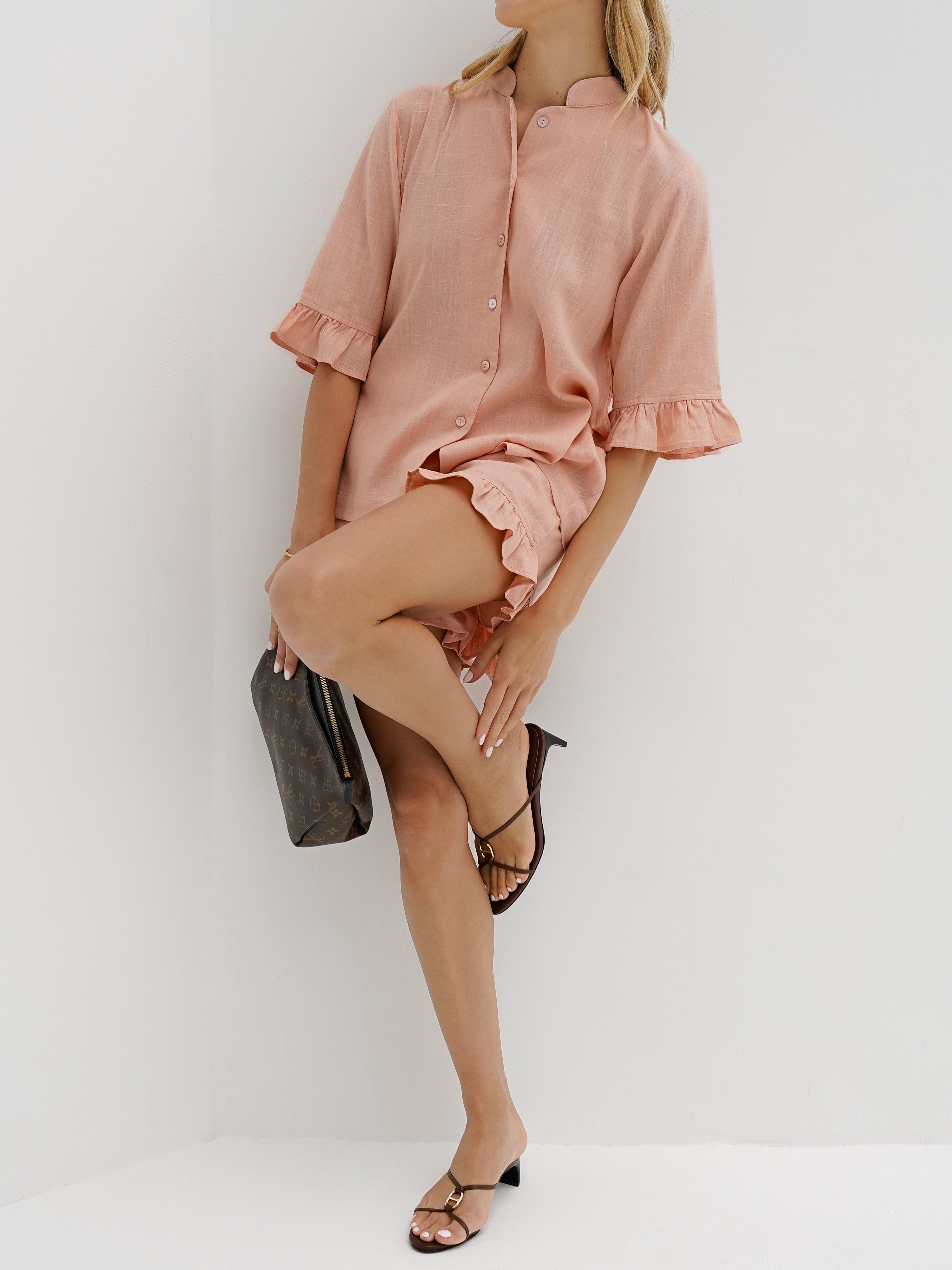 Riviera Chambray Frill Sleeve Shirt | Apricot Blush