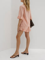 Riviera Chambray Frill Sleeve Shirt | Apricot Blush