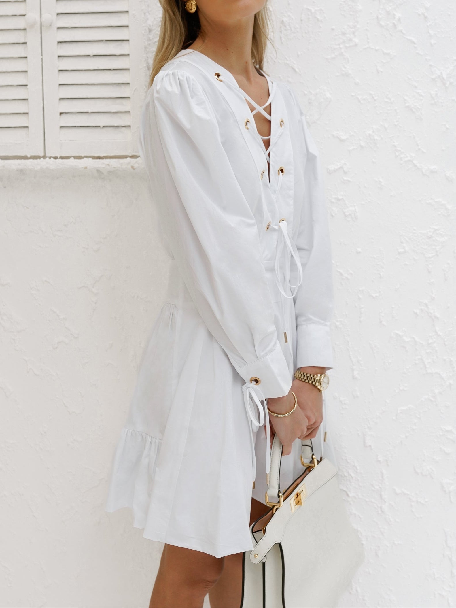 Arielle Gold Eyelet Dress | White