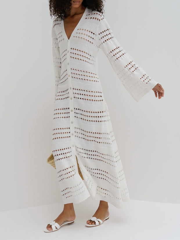 Nina Button Down Knitted Dress | White