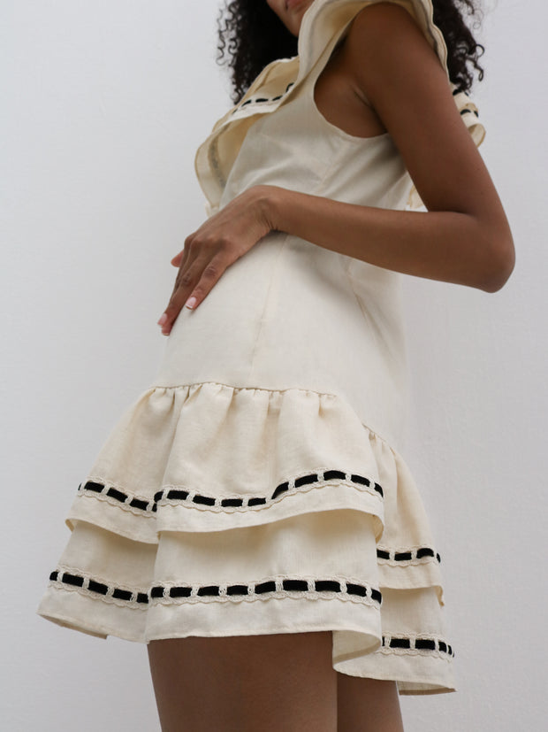 Felice Linen Blend Dress with Ribbon Trim | Cream