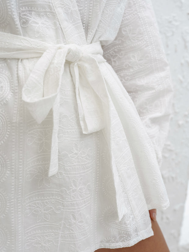 Farrah Cotton Embroidered Wrap Top | White