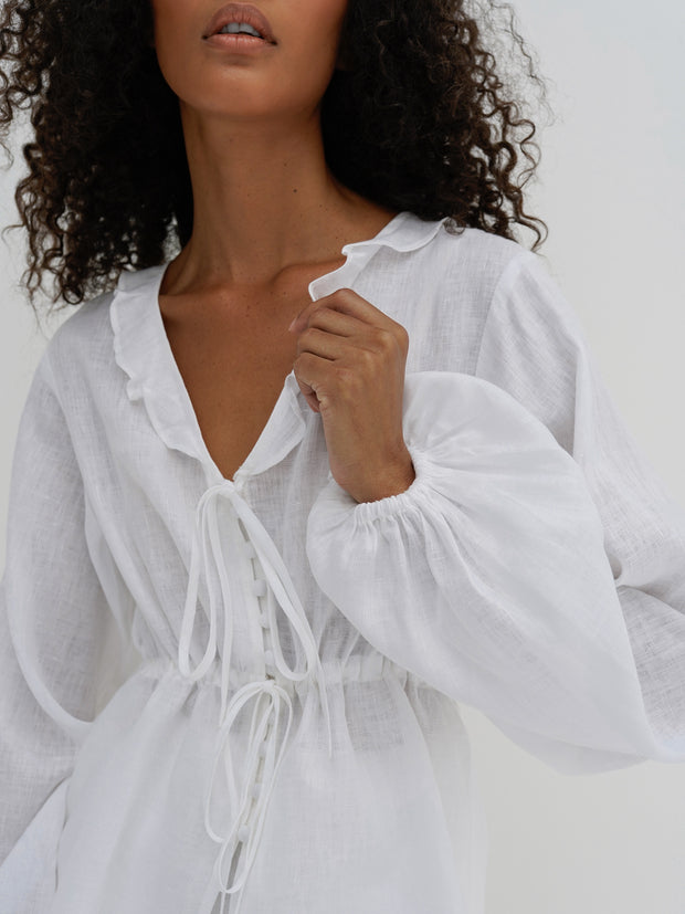 Helena Linen Frill Tie Top | White