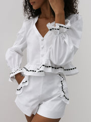 Alessandra Cotton Top with Ribbon Trim | White