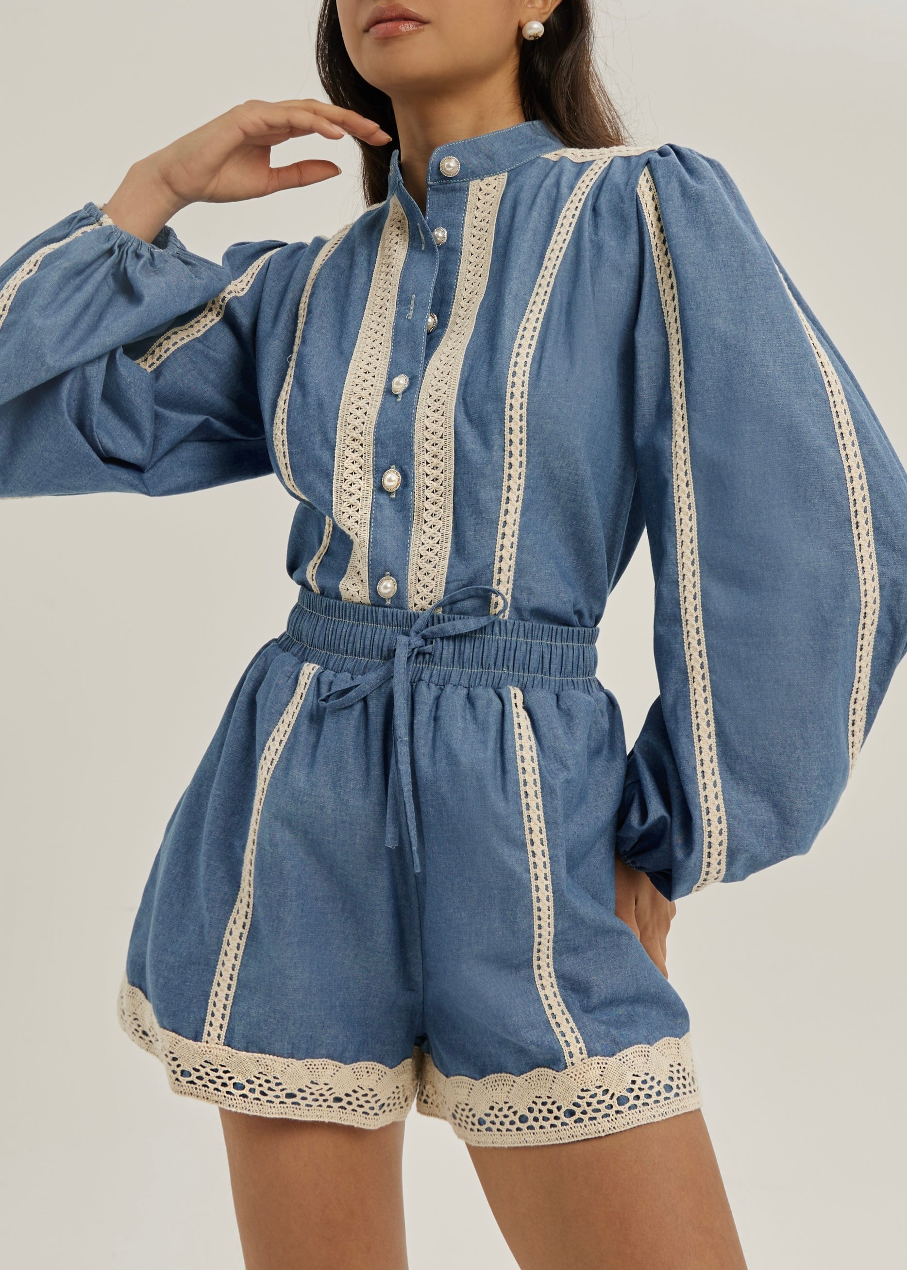 Zoe Crochet Detail Blouse | Chambray Blue