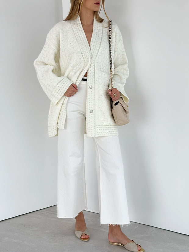 White Textured Knit Cardigan with Pearls