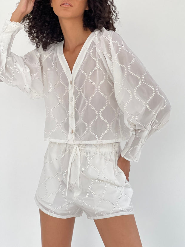 Astrid Cotton Embroidery & Sequin Shorts | Ivory