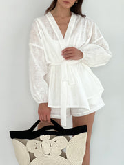 Farrah Cotton Embroidered Wrap Top | White