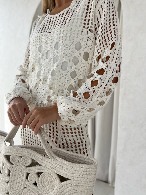 Islander Crochet Knit Sweater | White
