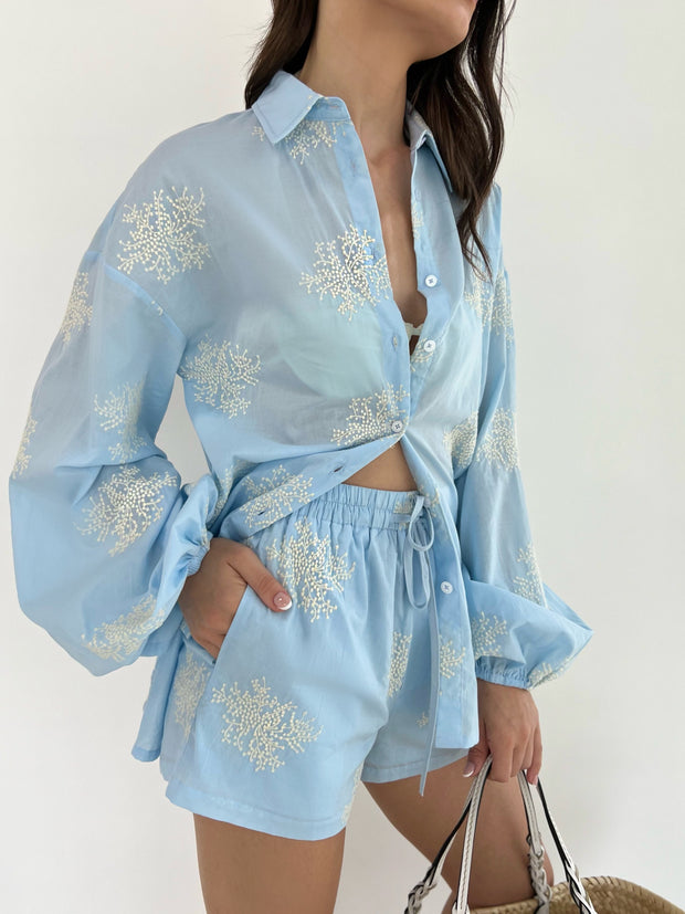 Loren Cotton Embroidered Shorts | Sky Blue
