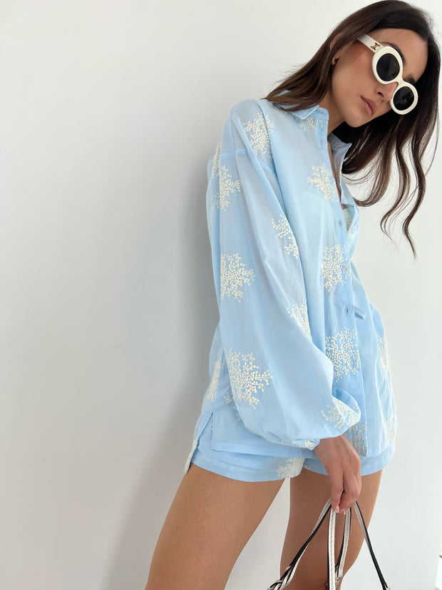 Blue Cotton Embroidered Shirt