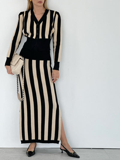 Daria Knitted Structured Shoulder Cardigan | Black & Beige