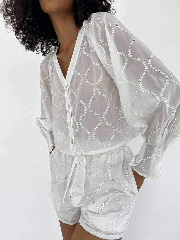 White Cotton Embroidery & Sequin Blouse