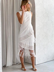 Taylor Asymmetric Fringe Dress | Ivory White 