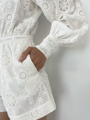 Natalia Cotton Embroidered Playsuit | White