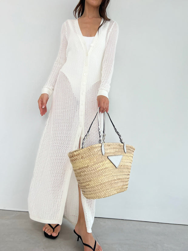 White Knitted Button Down Dress