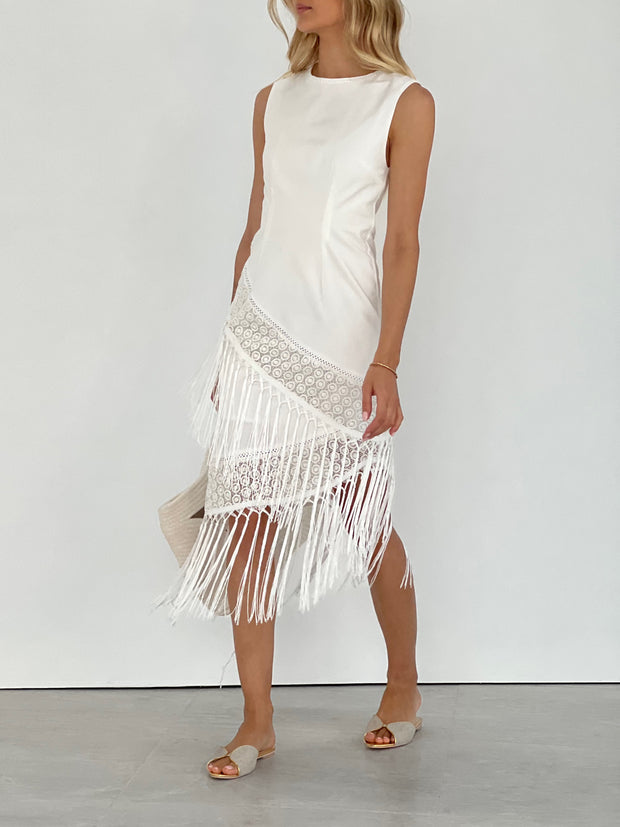 Taylor Asymmetric Fringe Dress | Ivory White 