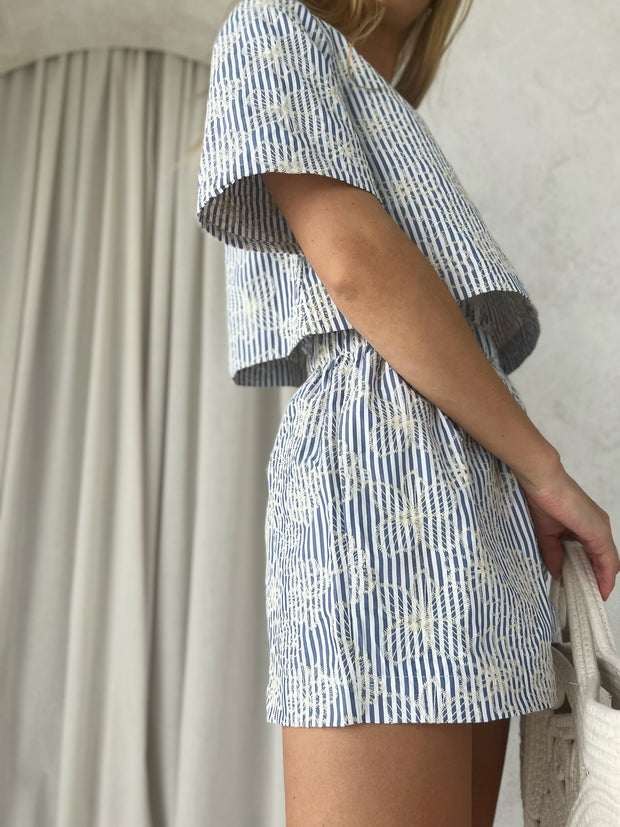 Kendal Embroidered Stripe Cotton Top | Blue