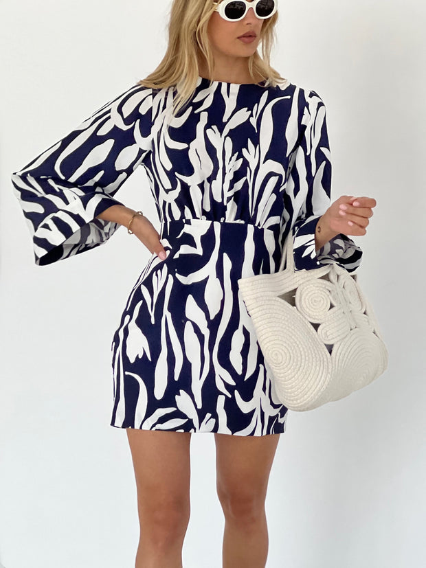 Meera Printed Vibe Dress | Navy/White