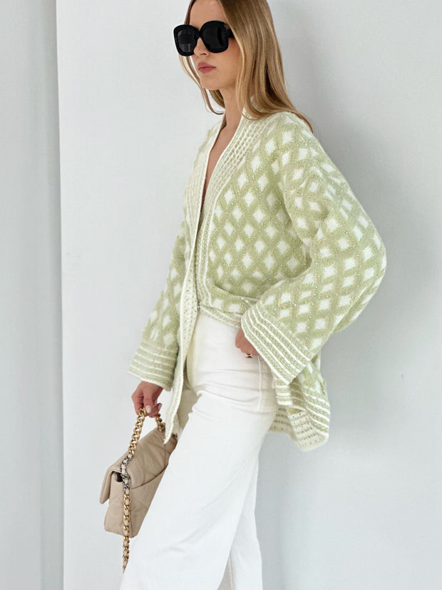 White and Green Textured Knit Cardigan