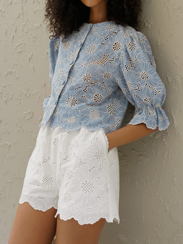 Reena Embroidered Cotton Shorts | White