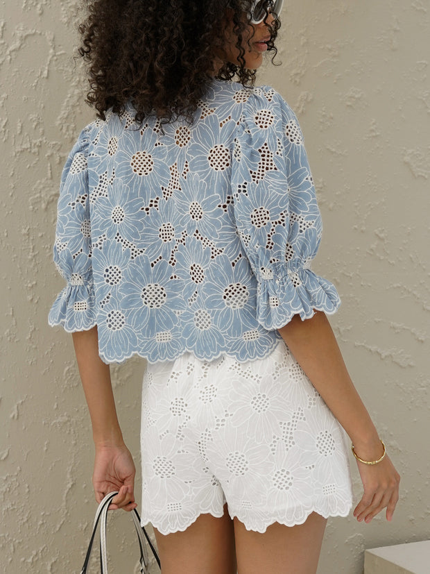 Reena Embroidered Cotton Blouse | Sky Blue