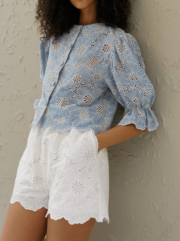 Reena Embroidered Cotton Blouse | Sky Blue