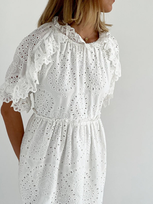Olivia Cotton Cutwork Frill Day Dress | White