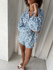 Capri Print Volume Sleeve Shirt | Blue & White