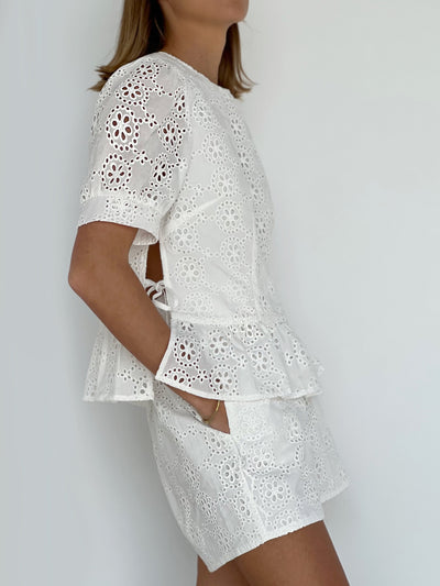 Amelia Cotton Cutwork Tie Side Top | White