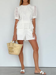 Amelia Cotton Cutwork Tie Side Top | White