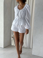 White Cotton Cutwork Tie Waist Blouse