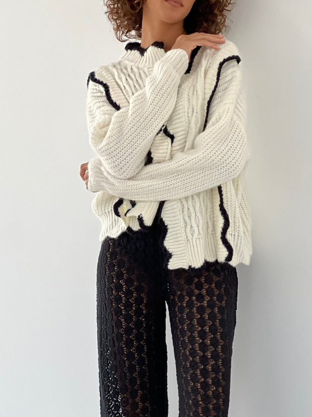 Fancy Contrast Cardigan | Cream & Black