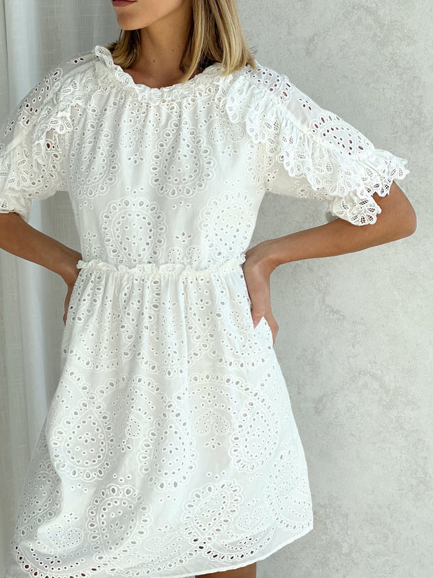 Olivia Cotton Cutwork Frill Day Dress | White