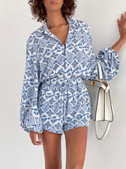 Capri Print Volume Sleeve Shirt | Blue & White